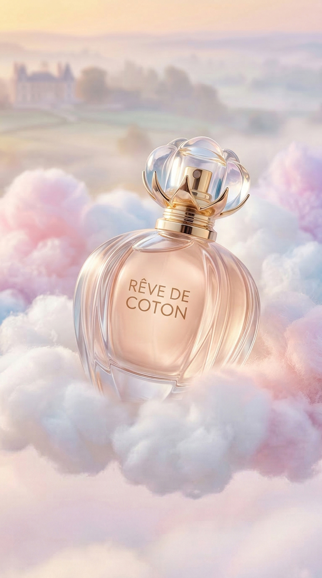 Flacon parfum Rêve de coton suspendu dans des nuages pastel – publicité parfum IA