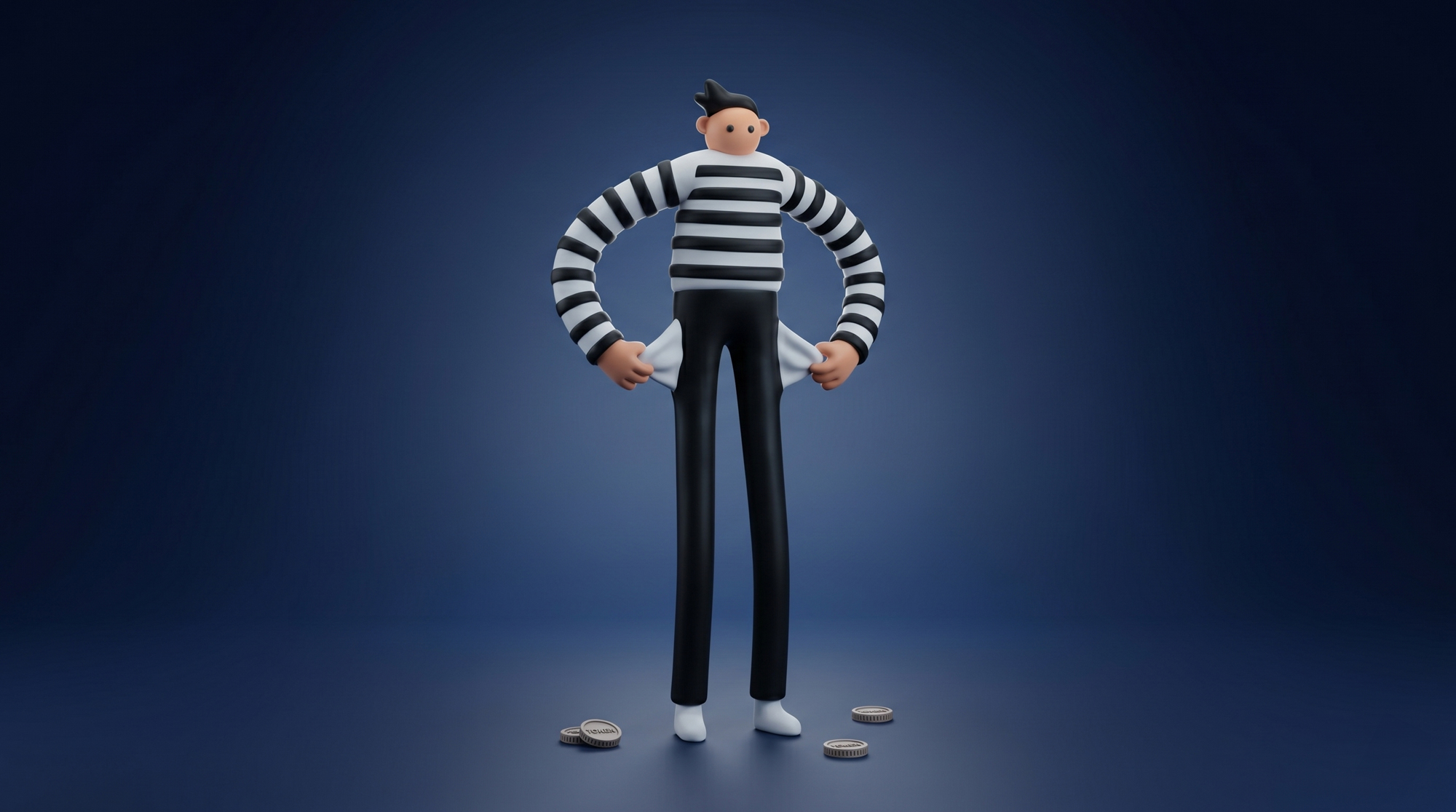 Personnage 3D en argile matte style claymation montrant ses poches vides avec quelques jetons au sol, illustrant le coût caché des tokens et de l'API IA.