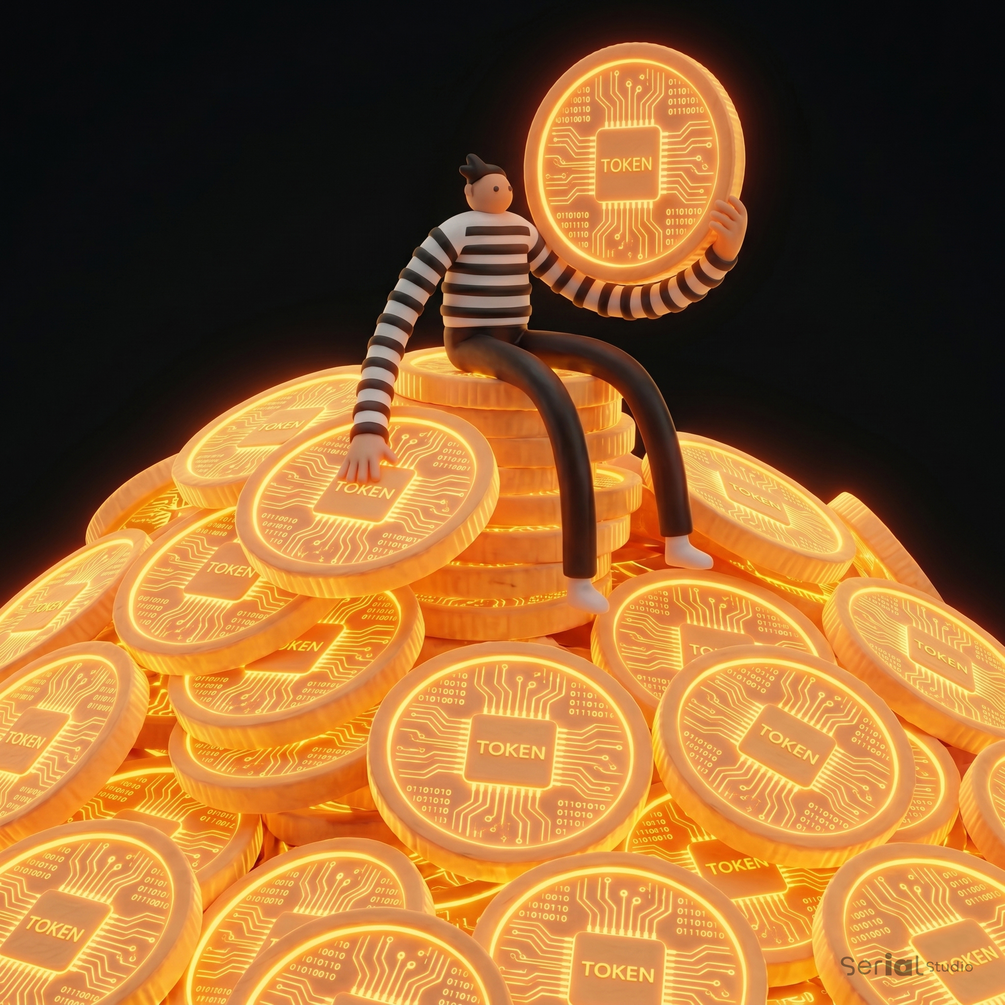 Personnage 3D style stop-motion assis fièrement au sommet d'une pile de jetons de tokens, symbolisant l'optimisation des coûts de l'API IA et des prompts.