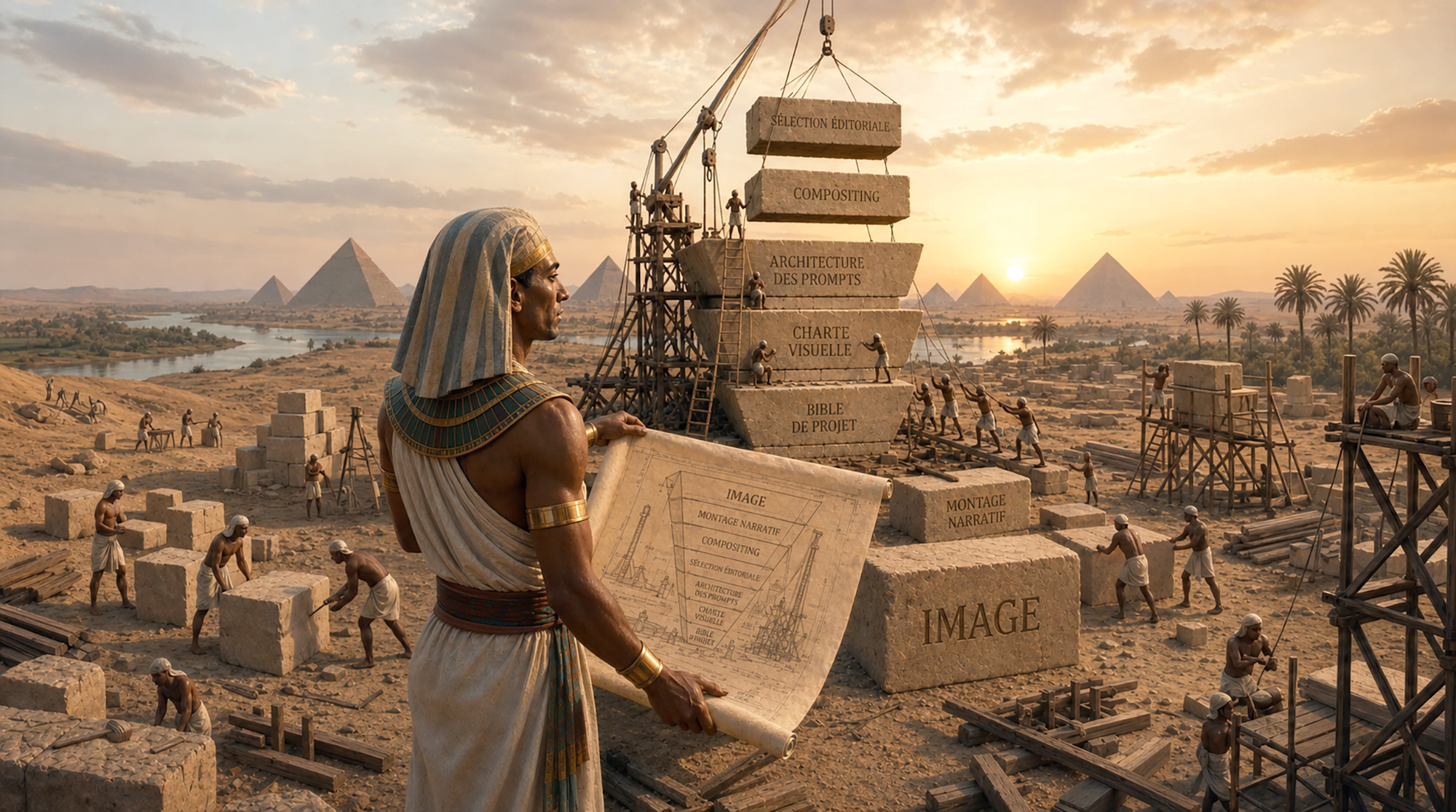 Architecte égyptien observant la construction d'une pyramide inversée symbolisant un pipeline créatif IA, de la bible de projet jusqu'à l'image finale.